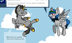 Size: 925x554 | Tagged: safe, artist:lupisvulpes, oc, oc:monochromic heart, oc:slice n' dice, alicorn, pony, ask, cloud, female, flying, male, mare, sky, stallion, talking, text, tumblr