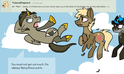 Size: 925x554 | Tagged: safe, artist:lupisvulpes, oc, oc:monochromatic heart, alicorn, pegasus, pony, ask, cloud, deviantart, flying, male, sky, stallion, text