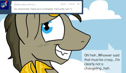 Size: 965x559 | Tagged: safe, artist:lupisvulpes, oc, oc only, oc:monochromatic heart, pony, ask, blue sky, cloud, dialogue, grin, hooves, nervous, nervous smile, sky, smiling, solo, text, tumblr
