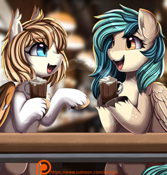Size: 3130x3286 | Tagged: safe, artist:pridark, oc, oc only, oc:honey milk, oc:peacher, bat pony, pegasus, pony, bat pony oc, chest fluff, drink, duo, duo female, fangs, female, folded wings, high res, looking at each other, looking at someone, mare, open mouth, open smile, pegasus oc, smiling, unshorn fetlocks, wings
