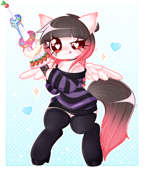 Size: 1328x1572 | Tagged: safe, artist:arwencuack, oc, oc:arwencuack, pegasus, anthro, arm hooves, candy, cute, donut, food, heart, heart eyes, simple background, solo, sword, weapon, wingding eyes