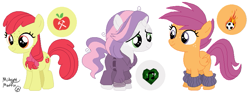 Size: 845x318 | Tagged: safe, artist:midnightmuffinda, apple bloom, scootaloo, sweetie belle, earth pony, pegasus, pony, unicorn, g4, 2018, alternate universe, au:no rainboom, base used, clothes, cutie mark crusaders, female, filly, foal, leg warmers, signature, simple background, trio, white background