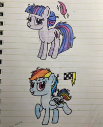 Size: 1280x1575 | Tagged: safe, artist:midnightmuffinda, rainbow dash, twilight sparkle, pegasus, pony, unicorn, g4, 2022, alternate cutie mark, alternate universe, au:no rainboom, duo, lined paper, looking at you, smiling, smiling at you, traditional art