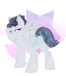 Size: 2000x2294 | Tagged: safe, artist:thieftea, rumble, pegasus, pony, g4, abstract background, butt, chest fluff, colt, featureless crotch, foal, high res, looking at you, looking back, looking back at you, male, one eye closed, plot, simple background, solo, spread wings, sunglasses, white background, wings, wink