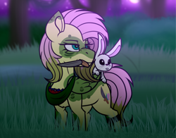 Size: 744x583 | Tagged: safe, artist:blacklight-fox, angel bunny, fluttershy, pegasus, pony, rabbit, g4, 2023, abstract background, alternate cutie mark, alternate universe, animal, au:no rainboom, duo, female, grass, knife, looking offscreen, male, mare, mouth hold, night, tree
