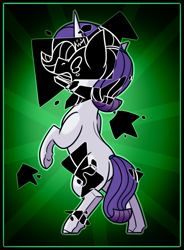 Size: 624x847 | Tagged: safe, artist:blacklight-fox, rarity, pony, unicorn, g4, 2023, abstract background, alternate universe, au:no rainboom, broken horn, butt, crying, female, horn, mare, solo