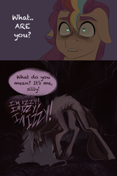 Size: 1669x2505 | Tagged: safe, artist:aztrial, izzy moonbow, sunny starscout, oc, oc:mimic izzy, cryptid, earth pony, mimic, pony, unicorn, g5, 2 panel comic, comic, dark, doppelganger, duo, fangs, female, gritted teeth, mane stripe sunny, mare, open mouth, scared, sharp teeth, shrunken pupils, skinny, teeth, thin, unshorn fetlocks
