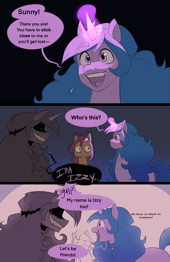 [blushing,comic,confused,cute,dark,earth pony,eyes closed,fangs,female,g5,glowing,glowing horn,grin,horn,magic,mare,open mouth,pony,safe,scared,shaking,sharp teeth,teeth,trio,unicorn,gritted teeth,smiling,shrunken pupils,cryptid,artist:aztrial,skinwalker,sunny starscout,izzybetes,izzy moonbow]
