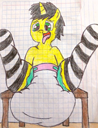Size: 2334x3058 | Tagged: safe, artist:bitter sweetness, oc, oc:bitter sweetness, pony, unicorn, abdl, ahegao, clothes, diaper, diaper fetish, fetish, graph paper, green eyes, high res, horn, male, non-baby in diaper, open mouth, poofy diaper, socks, stallion, stallion oc, striped socks, table, tongue out, wooden floor