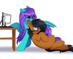 Size: 2500x2000 | Tagged: safe, artist:skyboundsiren, oc, oc only, oc:notetaker, oc:swing time, earth pony, pegasus, pony, biting, desk, drawing tablet, duo, ear bite, earth pony oc, female, glasses, high res, male, monitor, paint tool sai, pegasus oc, signature, simple background, transparent background