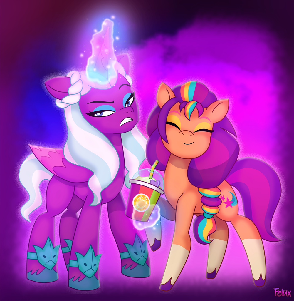 [alicorn,cute,drink,duo,earth pony,eyebrows,eyes closed,eyeshadow,female,friendship,frown,g5,glowing,glowing horn,horn,jewelry,magic,magic aura,makeup,mare,pony,present,raised hoof,safe,show accurate,signature,smoothie,standing,tail,teeth,telekinesis,unamused,unshorn fetlocks,wings,height difference,offering,raised eyebrow,underhoof,duo female,concave belly,multicolored wings,looking sideways,smiling,colored wings,folded wings,ringlets,wall of tags,coat markings,absurd resolution,leg band,spoiler:g5,reluctant,artist:felux,socks (coat markings),sunny starscout,my little pony: tell your tale,mane stripe sunny,opaline arcana,physique difference,opaline arcana is not amused,smoothie alicorn]