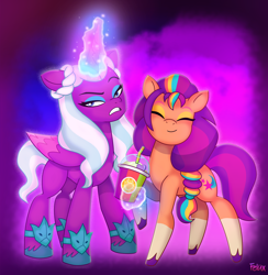 Size: 4072x4164 | Tagged: safe, artist:felux, opaline arcana, sunny starscout, alicorn, earth pony, pony, g5, spoiler:g5, absurd resolution, coat markings, colored wings, concave belly, cute, drink, duo, duo female, eyebrows, eyes closed, eyeshadow, female, folded wings, friendship, frown, glowing, glowing horn, height difference, horn, jewelry, leg band, looking sideways, magic, magic aura, makeup, mane stripe sunny, mare, multicolored wings, offering, opaline arcana is not amused, physique difference, present, raised eyebrow, raised hoof, reluctant, ringlets, show accurate, signature, smiling, smoothie, smoothie alicorn, socks (coat markings), standing, tail, teeth, telekinesis, unamused, underhoof, unshorn fetlocks, wall of tags, wings