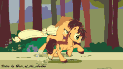 Size: 1280x720 | Tagged: safe, artist:heir_of_the_shadow, applejack, oc, oc:golden russet, earth pony, pony, g4, animated, applejack's hat, beard, bush, commission, cowboy hat, duo, facial hair, female, gif, grass, hat, male, mare, markings, mother and child, mother and son, offspring, parent:applejack, parent:caramel, parents:carajack, race, running, stallion, tree, unshorn fetlocks, ych result