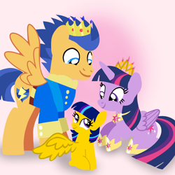 Size: 1400x1400 | Tagged: safe, artist:mlplary6, flash sentry, twilight sparkle, oc, oc:star sparkle, alicorn, pegasus, pony, g4, alicorn wings, clothes, crown, cute, diasentres, family, female, filly, foal, husband and wife, jewelry, looking at each other, looking at someone, lying down, male, mare, offspring, parent:flash sentry, parent:twilight sparkle, parents:flashlight, regalia, ship:flashlight, shipping, sitting, smiling, smiling at each other, stallion, straight, twiabetes, twilight sparkle (alicorn), wings
