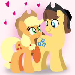 Size: 1400x1400 | Tagged: safe, artist:mlplary6, applejack, caramel, earth pony, pony, g4, applejack's hat, boyfriend and girlfriend, cowboy hat, female, hat, heart, looking at each other, looking at someone, love, male, mare, ship:carajack, shipping, smiling, smiling at each other, stallion, straight