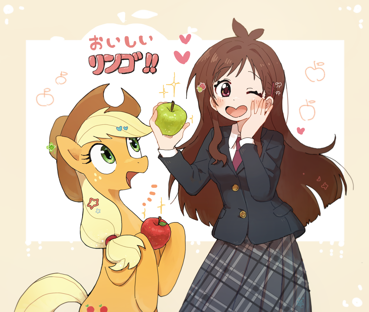 [anime,apple,applejack,applejack's hat,clothes,cowboy hat,crossover,duo,earth pony,female,food,hat,heart,human,japanese,mare,open mouth,pony,safe,skirt,wink,idolmaster,one eye closed,duo female,translated in the description,smiling,emanata,hand on face,akari tsujino,artist:fuyugi]