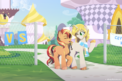 Size: 2175x1450 | Tagged: safe, artist:willoillo, sunset shimmer, oc, oc:coppertone, pony, unicorn, g4, canterlot, chest fluff, clothes, eyes closed, fanfic art, fence, looking at someone, one eye closed, open mouth, open smile, scarf, smiling, striped scarf