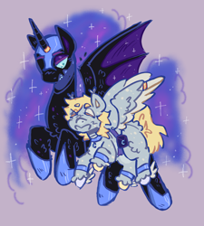 Size: 1800x2000 | Tagged: safe, artist:tottallytoby, derpy hooves, nightmare moon, alicorn, bat pony, bat pony alicorn, pegasus, pony, g4, alternate design, anklet, bag, bat wings, blue sclera, body freckles, bracelet, chest fluff, choker, collar, colored eyelashes, colored wings, colored wingtips, crack shipping, duo, ear tufts, ethereal hair, ethereal mane, ethereal tail, eyes closed, eyeshadow, female, flying, freckles, helmet, hoof shoes, horn, horn ring, jewelry, leg fluff, leg freckles, lesbian, looking at someone, makeup, mismatched hooves, necklace, open mouth, pale belly, purple background, ring, saddle bag, ship:nightmarederp, shipping, simple background, smiling, sparkly wings, starry mane, starry tail, tail, teal eyes, unshorn fetlocks, wing fluff, wing freckles, wing jewelry, wings