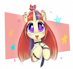 Size: 1000x952 | Tagged: safe, artist:inkypuso, moondancer, pony, unicorn, g4, big eyes, blushing, bracelet, choker, colored pupils, cute, dancerbetes, ear piercing, earring, female, jewelry, looking at you, mare, missing accessory, necktie, no glasses, open mouth, open smile, piercing, simple background, smiling, smiling at you, solo, white background