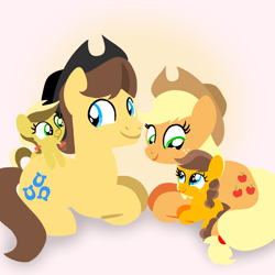 Size: 1400x1400 | Tagged: safe, artist:mlplary6, applejack, caramel, oc, oc:apple honey, oc:apple sweet, earth pony, pony, g4, applejack's hat, cowboy hat, daddy caramel, family, female, filly, foal, hat, husband and wife, looking at each other, looking at someone, lying down, male, mama applejack, mare, offspring, parent:applejack, parent:caramel, parents:carajack, ship:carajack, shipping, smiling, smiling at each other, stallion, straight
