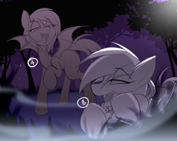 Size: 2500x2000 | Tagged: safe, artist:madragon, bat pony, pony, bat wings, commission, duo, duo female, female, fog, forest, grass, halloween, high res, holiday, looking at each other, looking at someone, lying, moon, night, open mouth, outdoors, raised hoof, smiling, standing, teeth, wings, your character here