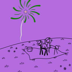 Size: 1000x1000 | Tagged: safe, artist:scandianon, oc, oc only, oc:stickmare stickenson, oc:thiccmare lardhuge, earth pony, pony, blanket, blushing, cooler, drunk, drunk bubbles, female, fireworks, grass, mare, night, outdoors, stick figure, stickmare