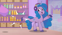 Size: 3072x1727 | Tagged: safe, screencap, izzy moonbow, pony, unicorn, g5, my little pony: tell your tale, scents of adventure, spoiler:g5, spoiler:my little pony: tell your tale, spoiler:tyts01e60, :o, female, headphones, mane melody (location), mare, open mouth, solo