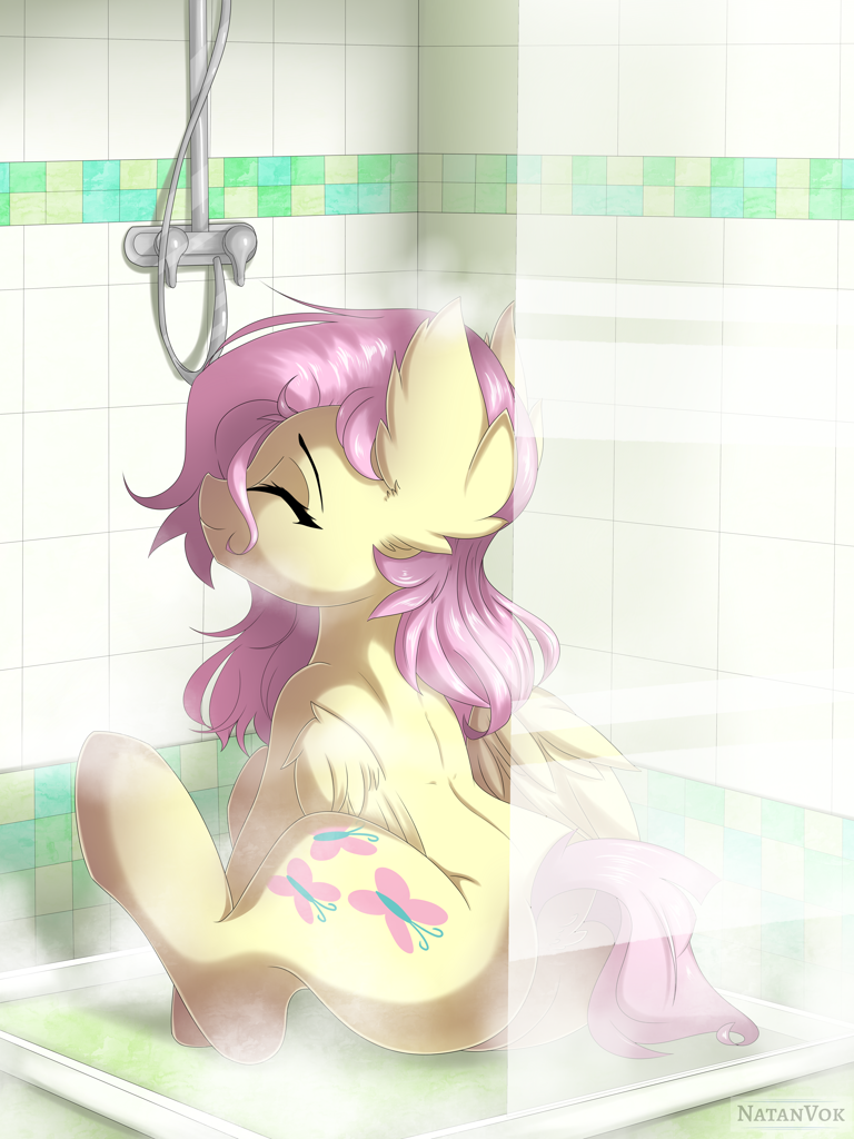 [bathroom,butt,cute,dock,eyebrows,eyes closed,featureless crotch,female,fluttershy,mare,pegasus,plot,pony,safe,shower,signature,sitting,solo,steam,tail,wings,indoors,flutterbutt,shyabetes,smiling,dimples of venus,absurd resolution,artist:natanvok]