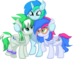 Size: 7928x6355 | Tagged: safe, artist:cyanlightning, oc, oc only, oc:azure lightning, oc:cyan lightning, oc:emerald lightning, pegasus, pony, unicorn, .svg available, absurd resolution, bipedal, brother and sister, clothes, colt, ear fluff, female, filly, foal, folded wings, glasses, horn, hug, male, pegasus oc, scarf, siblings, simple background, smiling, transparent background, trio, unicorn oc, vector, wings