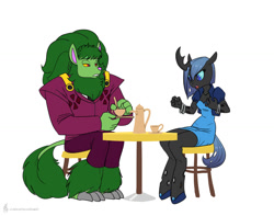 Size: 1220x960 | Tagged: safe, artist:carnifex, oc, oc only, oc:myxine, oc:oberon, changeling, changeling queen, anthro, unguligrade anthro, blue changeling, clothes, commission, cup, dress, duo, duo male and female, female, food, male, signature, simple background, sitting, suit, tea, teacup, teapot, white background