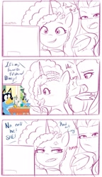 Size: 1183x2048 | Tagged: safe, artist:maren, misty brightdawn, opaline arcana, alicorn, dog, pony, unicorn, semi-anthro, g5, 3 panel comic, australian cattle dog, bandit heeler, bluey, bluey heeler, comic, computer, cornrows, cross-popping veins, doodle, emanata, unicorse