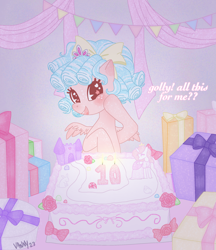 Size: 2198x2544 | Tagged: safe, cozy glow, pegasus, pony, g4, birthday, birthday cake, birthday gift, blue hair, bow, bucktooth, cake, candle, cute, female, filly, foal, food, freckles, golly, hair bow, high res, jewelry, looking at you, party, present, smiling, smiling at you, solo, sparkles, tiara