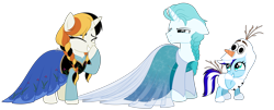 Size: 10899x4416 | Tagged: safe, artist:feather_bloom, oc, oc only, oc:blizzard blitz, oc:candy corn, oc:ice storm, pony, unicorn, anna (frozen), braid, clothes, commission, costume, dress, elsa, frozen (movie), giggling, grumpy, halloween, holiday, horn, nightmare night, olaf, simple background, teasing, transparent background, unicorn oc