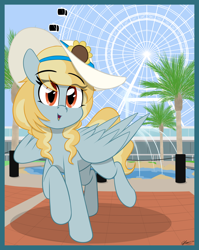 Size: 1592x2000 | Tagged: safe, artist:seafooddinner, oc, oc only, oc:fair flyer, pegasus, pony, female, hat, mare, open mouth, open smile, outdoors, palm tree, partially open wings, passepartout, pegasus oc, signature, smiling, solo, tree, wings