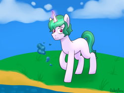 Size: 1400x1050 | Tagged: safe, artist:lotusflare, oc, oc:aquatic lotus, pony, unicorn, cloud, horn, looking at you, magic, magic aura, male, no cutie marks because im lazy, no cutie marks yet, river, stallion, telekinesis, unicorn oc, water