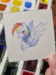 Size: 1536x2048 | Tagged: safe, artist:laymy, rainbow dash, pegasus, pony, g4, bust, female, looking at you, mare, profile, smiling, smiling at you, solo, spread wings, traditional art, watercolor painting, wings