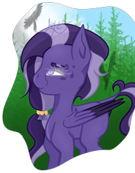 Size: 3090x3954 | Tagged: safe, artist:thecommandermiky, oc, oc only, oc:miky command, bird, pegasus, pony, female, forest background, hair accessory, hair tie, high res, long hair, long mane, mare, pegasus oc, purple eyes, purple hair, purple mane, solo, spots, wings