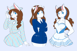 Size: 2048x1365 | Tagged: safe, artist:mscolorsplash, oc, oc only, oc:color splash, pegasus, anthro, alternate clothes, blue background, blue eyes, bracelet, breasts, busty oc, cleavage, clothes, crossed arms, cute, dress, eye clipping through hair, female, grin, hairband, hand on hip, hat, jacket, jewelry, looking at you, mare, necktie, one eye closed, open mouth, open smile, simple background, skirt, smiling, smiling at you, solo