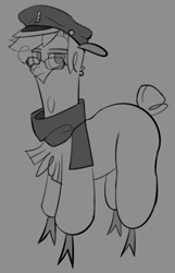 Size: 1176x1823 | Tagged: safe, artist:nonameorous, oc, oc only, oc:nonameorous, alpaca, them's fightin' herds, cap, clothes, cloven hooves, community related, frown, glasses, gradient background, grayscale, hat, looking at you, monochrome, scarf, solo, standing