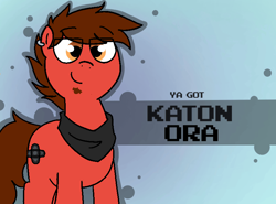 Size: 800x592 | Tagged: safe, artist:soupafterdark, oc, oc only, oc:katon ora, earth pony, pony, banned from equestria daily, brown mane, clothes, commissioner:dhs, ear piercing, earth pony oc, gradient background, gray background, piercing, red coat, scarf, solo, ya got