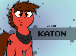 Size: 800x592 | Tagged: safe, artist:soupafterdark, oc, oc only, oc:katon ora, earth pony, pony, banned from equestria daily, brown mane, clothes, commissioner:dhs, ear piercing, earth pony oc, gradient background, gray background, piercing, red coat, scarf, solo, variant, ya got