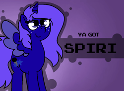 Size: 800x592 | Tagged: safe, artist:soupafterdark, oc, oc only, oc:spiri, alicorn, pony, banned from equestria daily, alicorn oc, blue coat, commissioner:dhs, freckles, gradient background, horn, purple background, purple mane, solo, standing, wings, ya got