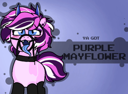 Size: 800x592 | Tagged: safe, artist:soupafterdark, oc, oc only, oc:purple mayflower, pony, succubus, banned from equestria daily, blue background, blushing, choker, clothes, commissioner:dhs, ear piercing, gradient background, horns, leggings, long tongue, piercing, pink coat, reins, solo, tongue out, ya got