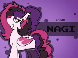 Size: 800x592 | Tagged: safe, artist:soupafterdark, oc, oc only, oc:nagi, bat pony, pony, banned from equestria daily, bat pony oc, bat wings, clothes, commissioner:dhs, gradient background, looking at you, solo, standing, stockings, thigh highs, two toned mane, wings, ya got