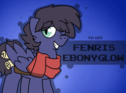Size: 800x592 | Tagged: safe, artist:soupafterdark, oc, oc only, oc:fenris ebonyglow, pegasus, pony, banned from equestria daily, bag, black mane, blue background, blue coat, clothes, commissioner:dhs, gradient background, one eye closed, parchment, pegasus oc, saddle bag, scarf, solo, wink, ya got