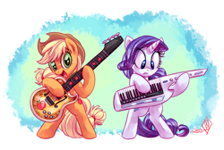 Size: 2200x1475 | Tagged: safe, artist:whitediamonds, applejack, rarity, earth pony, pony, unicorn, rarijack daily, equestria girls, g4, my little pony equestria girls: rainbow rocks, 2015, applejack's hat, bass guitar, bipedal, cowboy hat, cute, duo, duo female, female, freckles, guitar, hat, horn, keytar, lesbian, looking at something, looking at you, mare, musical instrument, old art, open mouth, open smile, ship:rarijack, shipping, signature, smiling, smiling at you