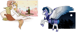 Size: 1000x419 | Tagged: safe, artist:royvdhel-art, oc, oc only, oc:crystal wishes, oc:silent knight, pegasus, pony, unicorn, alcohol, armor, fanfic art, flower, horn, night, pegasus oc, petals, pillow, quill, rose, smiling, unicorn oc, wine