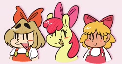 Size: 1752x916 | Tagged: safe, artist:sleeepypyroartz, apple bloom, earth pony, human, pony, g4, blushing, bow, earthbound, eyes closed, female, filly, foal, hair bow, lulu (warioware), open mouth, pink background, simple background, smiling, tracy, warioware