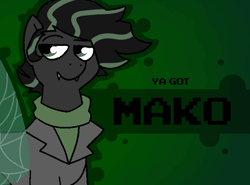 Size: 800x592 | Tagged: safe, artist:soupafterdark, oc, oc only, oc:mako, changeling, pony, banned from equestria daily, changeling oc, clothes, commissioner:dhs, fangs, gradient background, green background, green changeling, jacket, solo, turtleneck, two toned mane, ya got