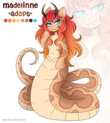 Size: 3645x4093 | Tagged: safe, artist:madelinne, oc, oc only, lamia, original species, semi-anthro, adoptable, adoptable open, adoption, belly button, fangs, female, gradient hair, horns, long hair, looking at you, mare, reference sheet, smiling, smiling at you, solo, zoom layer